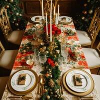 ai gegenereerd Kerstmis tafel landschap, elegant formeel avondeten tafel instelling, tafellandschap met vakantie decoratie voor partij evenement viering, generatief ai foto