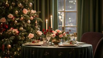 ai gegenereerd tafel decor voor feestelijk familie avondeten Bij huis, vakantie tafellandschap en tafel instelling, formeel voor bruiloft, viering, Engels land en huis styling foto