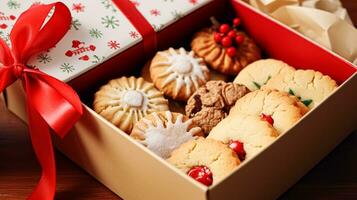 ai gegenereerd Kerstmis koekjes, vakantie biscuit geschenk doos en huis bakt, winter vakantie Cadeau voor Engels land thee in de huisje, eigengemaakt zandkoekjes en bakken recept foto