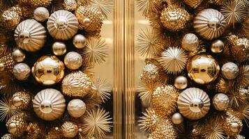 ai gegenereerd Kerstmis decoratie details Aan Engels gestileerd luxe hoog straat stad op te slaan deur of boodschappen doen venster Scherm, vakantie uitverkoop en winkel decor foto