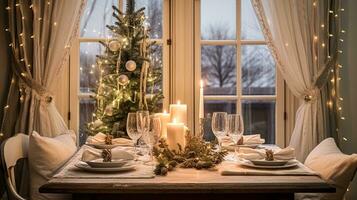 ai gegenereerd tafel decor voor feestelijk familie avondeten Bij huis, vakantie tafellandschap en tafel instelling, formeel voor bruiloft, viering, Engels land en huis styling foto