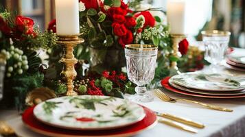 ai gegenereerd vakantie tafel decor, Kerstmis vakantie viering, tafellandschap en avondeten tafel instelling, Engels land decoratie en huis styling foto