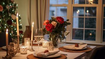 ai gegenereerd tafel decor voor feestelijk familie avondeten Bij huis, vakantie tafellandschap en tafel instelling, formeel voor bruiloft, viering, Engels land en huis styling foto