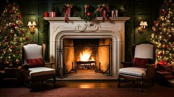 ai gegenereerd Kerstmis Bij de landhuis, Engels platteland decoratie en interieur decor foto