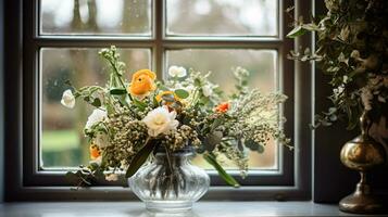 ai gegenereerd bloemen arrangement met winter, herfst of vroeg voorjaar botanisch planten en bloemen foto