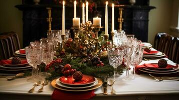 ai gegenereerd Kerstmis tafel decor, vakantie tafellandschap en avondeten tafel instelling, formeel evenement decoratie voor nieuw jaar, familie viering, Engels land en huis styling foto