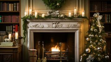 ai gegenereerd Kerstmis Bij de landhuis, Engels platteland decoratie en interieur decor foto