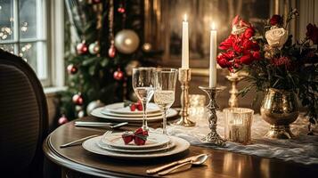 ai gegenereerd feestelijk datum nacht tafellandschap idee, avondeten tafel instelling voor twee en kerstmis, nieuw jaar, valentijnsdag dag decor, Engels land huis styling foto