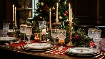 ai gegenereerd Kerstmis Bij de landhuis, vakantie tafellandschap en avondeten tafel instelling, Engels platteland decoratie en interieur decor foto