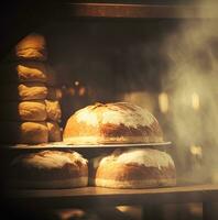 ai gegenereerd bakkerij in de ochtend, heet vers brood en gebakje bakken in de oud stad- bakkerij, vers gebakken producten Aan schappen en de oven, klein lokaal bedrijf en voedsel productie. generatief ai foto