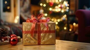 ai gegenereerd Kerstmis geschenk doos in de buurt knus haard in de Engels land huisje, winter vakantie, boksen dag viering en vakantie boodschappen doen foto