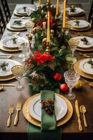 ai gegenereerd Kerstmis tafel landschap, elegant formeel avondeten tafel instelling, tafellandschap met vakantie decoratie voor partij evenement viering, generatief ai foto