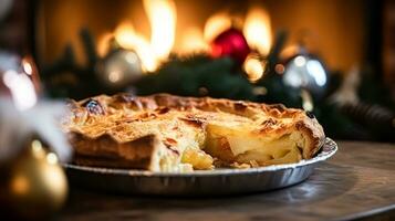 ai gegenereerd Kerstmis taart, vakantie recept en huis bakken, maaltijd voor knus winter Engels land avondeten in de huisje, eigengemaakt voedsel en Brits keuken foto