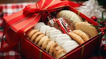 ai gegenereerd Kerstmis koekjes, vakantie biscuit geschenk doos en huis bakt, winter vakantie Cadeau voor Engels land thee in de huisje, eigengemaakt zandkoekjes en bakken recept foto