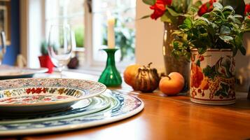 serviesgoed en serviesgoed reeks voor winter vakantie familie diner, Kerstmis huishoudartikelen decor voor vakantie in de Engels land huis, geschenk reeks en huis styling foto