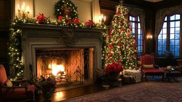 ai gegenereerd Kerstmis Bij de landhuis, Engels platteland decoratie en interieur decor foto