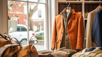 ai gegenereerd herenkleding op te slaan in Engels platteland stijl, herfst winter kleding verzameling foto