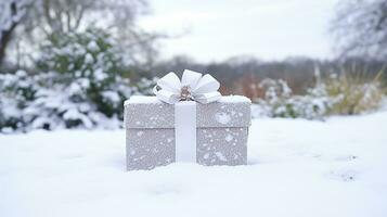 ai gegenereerd Kerstmis vakantie geschenk en Cadeau, geschenk doos in de sneeuw in sneeuwval winter platteland natuur voor boksen dag, vakantie boodschappen doen uitverkoop foto