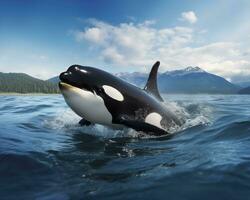 ai gegenereerd beeld van een moordenaar walvis drijvend in de zee. 3d renderen foto