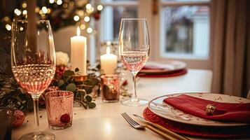 ai gegenereerd feestelijk datum nacht tafellandschap idee, avondeten tafel instelling voor twee en kerstmis, nieuw jaar, valentijnsdag dag decor, Engels land huis styling foto