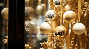 ai gegenereerd Kerstmis decoratie details Aan Engels gestileerd luxe hoog straat stad op te slaan deur of boodschappen doen venster Scherm, vakantie uitverkoop en winkel decor foto