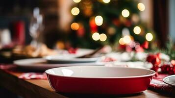 ai gegenereerd serviesgoed en serviesgoed reeks voor winter vakantie familie diner, Kerstmis huishoudartikelen decor voor vakantie in de Engels land huis, geschenk reeks en huis styling foto