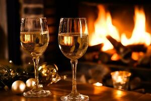 ai gegenereerd sprankelend wijn, proseco of Champagne in voorkant van een haard Aan een vakantie vooravond viering, vrolijk kerstmis, gelukkig nieuw jaar en gelukkig vakantie foto