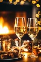 ai gegenereerd sprankelend wijn, proseco of Champagne in voorkant van een haard Aan een vakantie vooravond viering, vrolijk kerstmis, gelukkig nieuw jaar en gelukkig vakantie foto