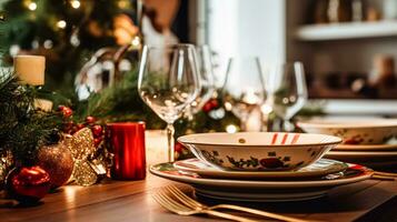 ai gegenereerd serviesgoed en serviesgoed reeks voor winter vakantie familie diner, Kerstmis huishoudartikelen decor voor vakantie in de Engels land huis, geschenk reeks en huis styling foto