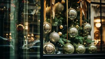 ai gegenereerd Kerstmis decoratie details Aan Engels gestileerd luxe hoog straat stad op te slaan deur of boodschappen doen venster Scherm, vakantie uitverkoop en winkel decor foto