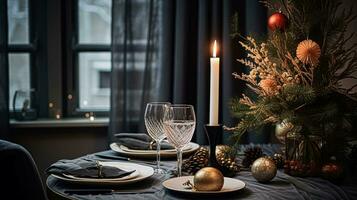 ai gegenereerd feestelijk datum nacht tafellandschap idee, avondeten tafel instelling voor twee en kerstmis, nieuw jaar, valentijnsdag dag decor, Engels land huis styling foto