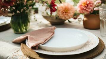 ai gegenereerd tafel decor, vakantie tafellandschap en avondeten tafel instelling in platteland tuin, formeel evenement decoratie voor bruiloft, familie viering, Engels land en huis styling foto