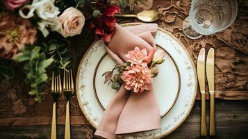 ai gegenereerd tafel decor, vakantie tafellandschap en avondeten tafel instelling in platteland tuin, formeel evenement decoratie voor bruiloft, familie viering, Engels land en huis styling foto