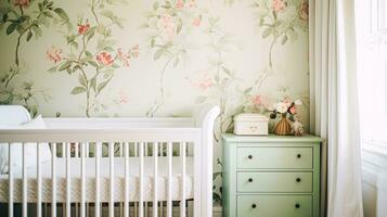 ai gegenereerd baby kamer decor en interieur ontwerp inspiratie in de Engels platteland stijl huisje foto