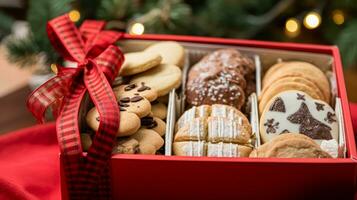 ai gegenereerd Kerstmis koekjes, vakantie biscuit geschenk doos en huis bakt, winter vakantie Cadeau voor Engels land thee in de huisje, eigengemaakt zandkoekjes en bakken recept foto