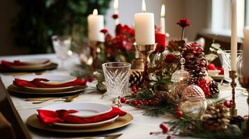 ai gegenereerd Kerstmis tafel decor, vakantie tafellandschap en avondeten tafel instelling, formeel evenement decoratie voor nieuw jaar, familie viering, Engels land en huis styling foto