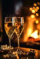 ai gegenereerd sprankelend wijn, proseco of Champagne in voorkant van een haard Aan een vakantie vooravond viering, vrolijk kerstmis, gelukkig nieuw jaar en gelukkig vakantie foto