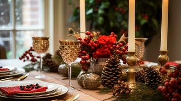 ai gegenereerd Kerstmis tafel decor, vakantie tafellandschap en avondeten tafel instelling, formeel evenement decoratie voor nieuw jaar, familie viering, Engels land en huis styling foto