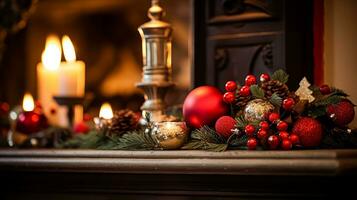 ai gegenereerd Kerstmis Bij de landhuis, Engels platteland decoratie en interieur decor foto