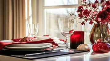 ai gegenereerd Kerstmis vakantie familie ontbijt, tafel instelling decor en feestelijk tafellandschap, Engels land en huis styling foto