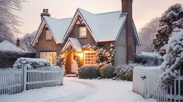 ai gegenereerd mooi land huisje versierd voor Kerstmis Aan een besneeuwd winter dag, vakantie en viering, generatief ai foto