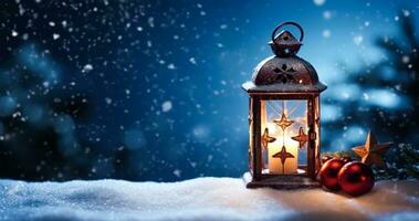 ai gegenereerd wijnoogst Kerstmis lantaarn Aan sneeuw net zo magie nacht winter vakantie achtergrond, vrolijk Kerstmis en gelukkig vakantie wensen, generatief ai foto