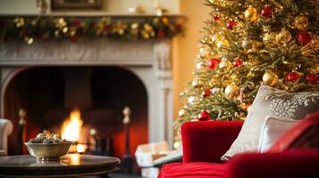 ai gegenereerd kerstmis, vakantie decor en land huisje stijl, knus atmosfeer, versierd Kerstmis boom in de Engels platteland huis leven kamer met haard, interieur decoratie foto