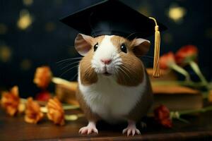 ai gegenereerd afstuderen Guinea varken belichaamt academisch succes, aandoen een miniatuur diploma uitreiking pet foto