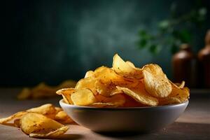 ai gegenereerd onweerstaanbaar knarsen genieten de heerlijkheid van gouden, krokant aardappel chips foto