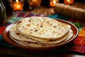 ai gegenereerd culinaire charme eigengemaakt roti chapati nodigt uit een geruststellend dining ervaring foto