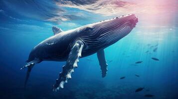 ai gegenereerd majestueus walvis glijdt door diep blauw wateren vergezeld door een school- van vis. geschikt voor leerzaam inhoud, oceaan-thema artwork of documentaires foto