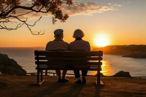 ai gegenereerd zonsondergang gezelschap een senior paar vondsten troost en vreugde Aan een bank foto