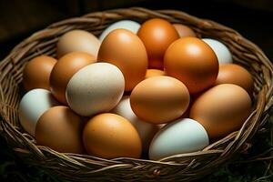 ai gegenereerd gezond concept houten nest boordevol met een overvloed van boerderijvers eieren foto