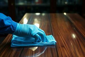 ai gegenereerd blauw gehandschoende hand- liefkozingen de tafel, zorgen voor ongerept netheid foto